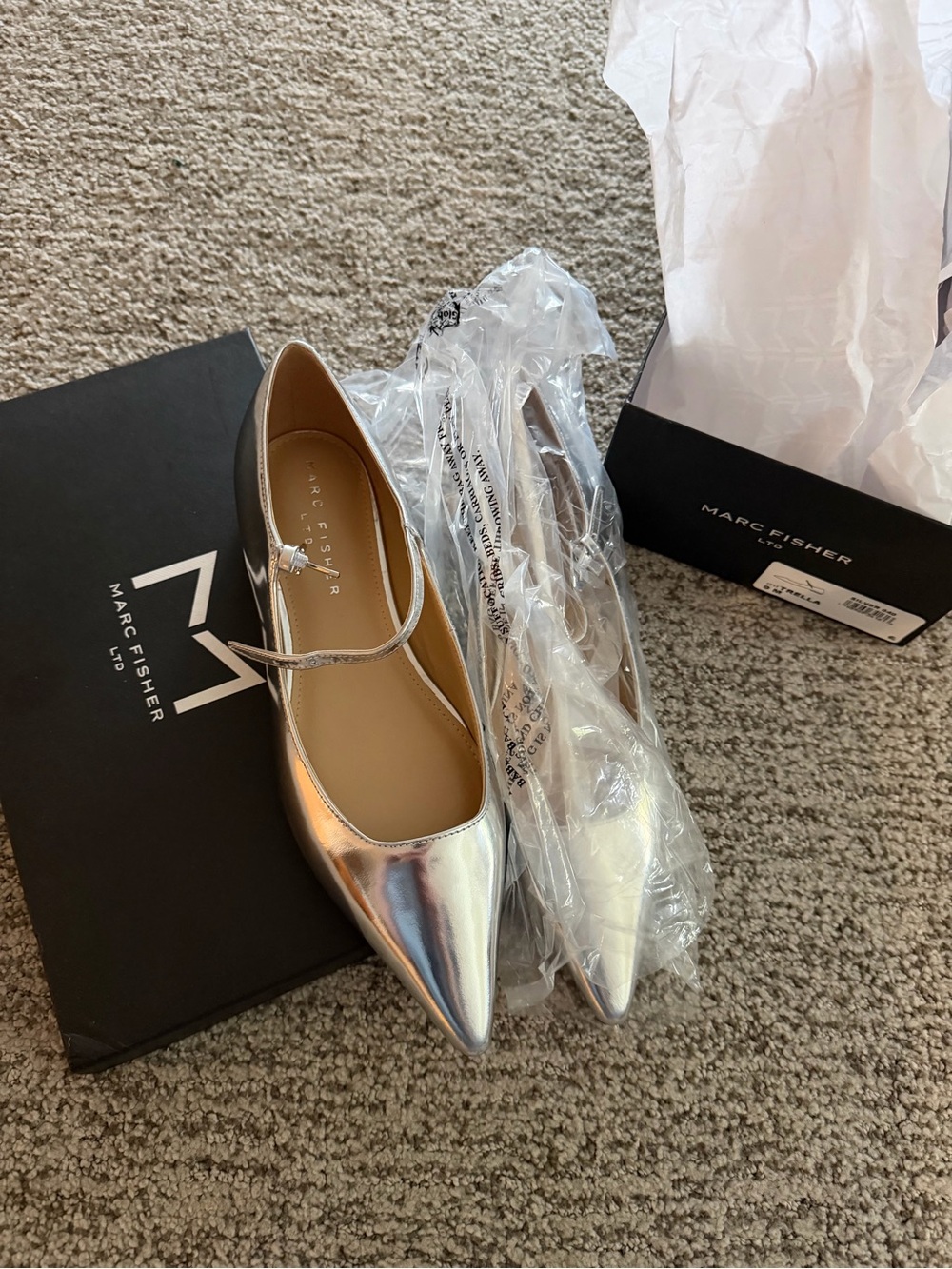 Marc Fisher Metallic Silver Pointed Mary Jane Flats